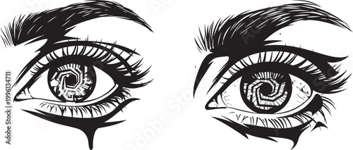 Two stylized black and white illustrations of human eyes with swirling pupils and dramatic lashes body part line art human eye eyelashes watching