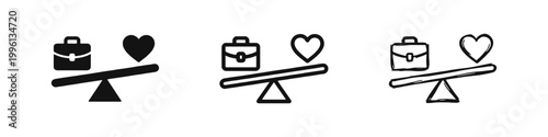 Work Life Balance Icon Set with Briefcase and Heart on See Saw Scale