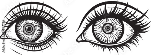 Black and white illustration of two detailed female eyes with long lashes body part line art human eye eyelashes illustration monochrome