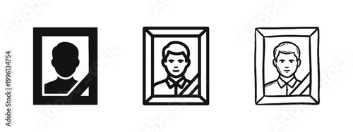 Funeral Memorial Photo Portrait Icon Set with Black Ribbon and Mourning Frame