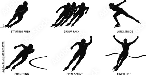 Speed skating silhouette icon set featuring starting push group pack long stride cornering final sprint and finish line for sports.