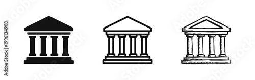 Government Building Bank or Courthouse Icon Set with Classical Columns Architecture