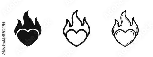 Burning Flaming Heart Icon Set for Passion Love and Burnout Concept