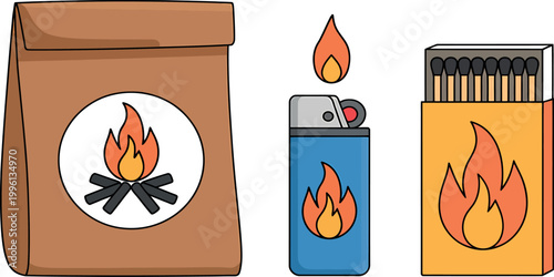 Cartoon fire starters and matches on white background