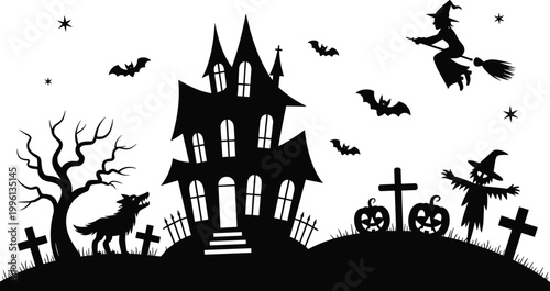 Spooky Halloween silhouette with haunted house, flying witch, bats, werewolf, pumpkins, and graveyard elements on white background, creepy holiday vector illustration.