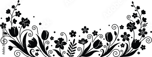 Spring flower border silhouette with tulips and daffodils, floral vine frame graphic for wedding invitations and greeting cards, isolated vector