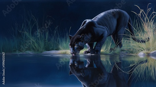 Black panther drinks water from a calm lake in the dark at night while surrounded by tall grass and trees