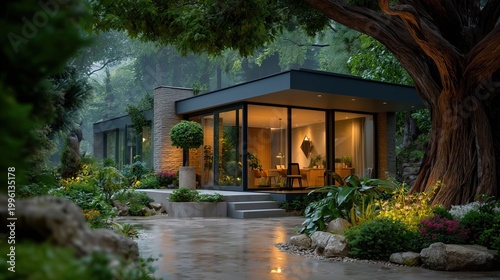 Modern house surrounded by garden in the rain with lights glowing in the evening