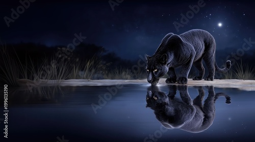 Black panther drinks water by a quiet lake under a night sky with stars shining brightly