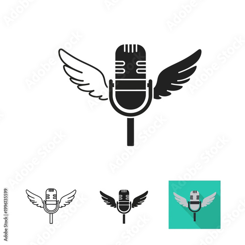Microphone with angel wings icons in various colors and designs for music and radio broadcasting symbols
