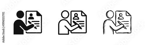 Person Writing CV Application Form Icon Set for Recruitment and Hiring