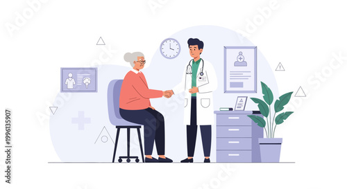 Doctor shaking hands with elderly patient in clinic, medical consultation and care