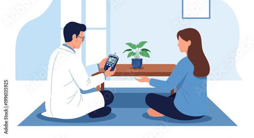 Doctor showing glucose meter to patient, diabetes checkup, home healthcare, medical consultation