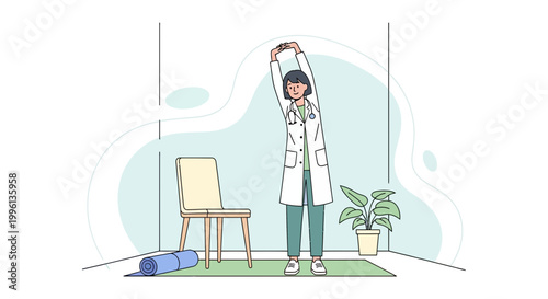 Doctor stretching in office, yoga mat and chair, healthy lifestyle concept