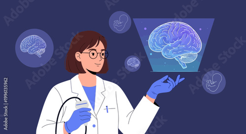 Doctor studying brain hologram and fetal development in futuristic medical lab