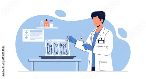 Doctor sterilizing medical instruments in laboratory, healthcare concept