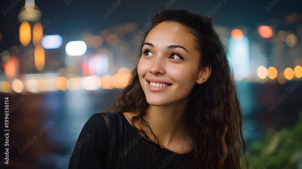 Obraz premium A joyful portrait of a woman viewing the bright illuminated city skyline across the water at dusk