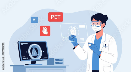 Doctor using AI and PET scan technology for heart analysis on futuristic interface