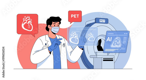 Doctor using AI and PET scan for heart diagnosis, futuristic medical technology