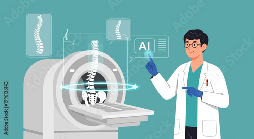 Doctor using AI for spine analysis with MRI scanner and futuristic interface