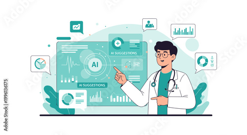 Doctor using AI technology for medical diagnosis and patient care with data analysis