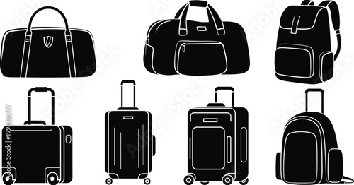 Travel luggage and bag silhouette collection featuring suitcases on wheels, backpacks, duffel bags, and briefcase icons for tourism graphic design.