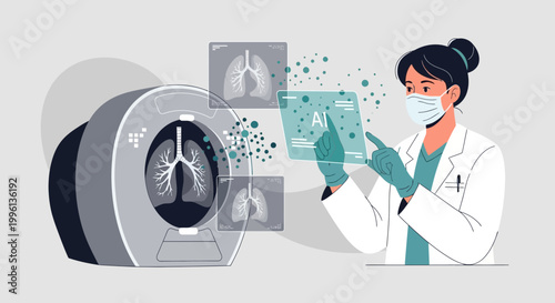 Doctor using AI technology for lung scan analysis with CT scanner and holographic display