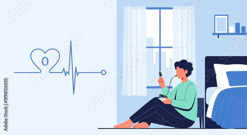 Man using smartwatch for health monitoring with heart rate ECG graph, home lifestyle