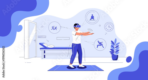 Man using VR headset for physical therapy and rehabilitation exercises in a modern clinic