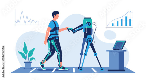 Man wearing exoskeleton walks with robotic assistance, futuristic technology concept