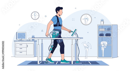 Man with exoskeleton walking on treadmill in rehabilitation center