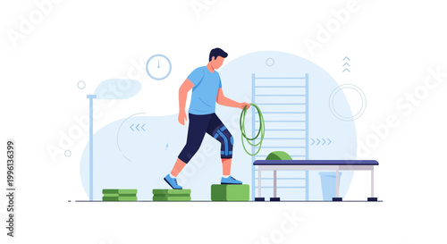 Man with knee brace doing physical therapy exercises with a hoop and step blocks