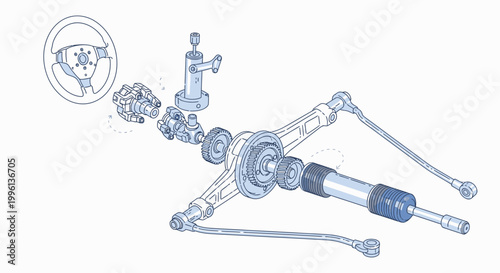 Detailed blue technical drawing of a disassembled car suspension system with various components on a white background.