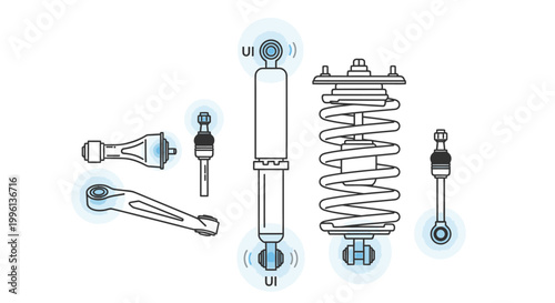 Detailed technical illustration of a shock absorber assembly with various components on a clean white background.