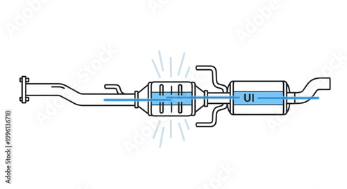 Technical drawing of a car exhaust system with a catalytic converter and muffler on a white background.