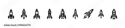 Set of ten vector icons featuring black rockets with different window placements for cosmic objects