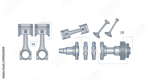 Detailed technical illustration of disassembled engine parts including pistons, bolts, and crankshaft components on a white background.