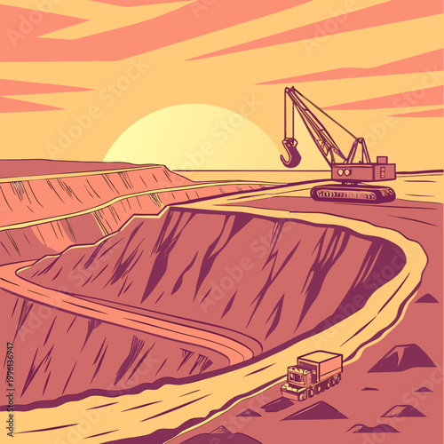 Canyon HDR sunrise, with warm light and soft hues. Giant Mining Pit, A Marvel of Earth's Power Dramatic crater hole ground, danger rock collapse destruction, immense pit huge surface background, ... S