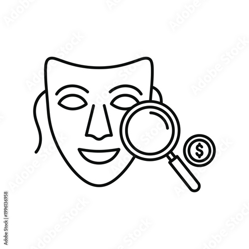 Theatrical mask with a magnifying glass and a coin symbol representing investigation of financial fraud or scams isolated on white background, Vector