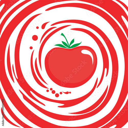 Tomato ketchup. Fresh ripe red whole tomato vegetable with leaves. Sketch icon. Tomato juice splash. Ketchup emblem. Tomato with splashing juice illustration isolated on white.  Vector illustration 