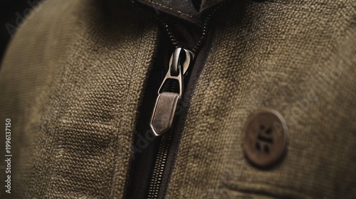 Close-up of a Durable Olive Green Canvas Jacket with Zipper and Button