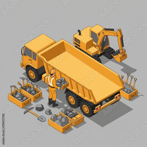 Construction worker with dump truck and excavator isometric view.