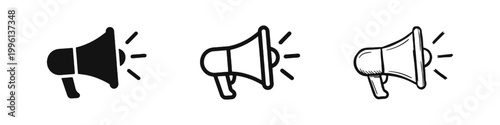 Megaphone Bullhorn Icon Set for News and Announcements in Flat Outline and Hand Drawn Styles