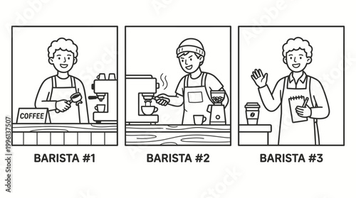 Barista preparing coffee drinks illustrated sequence
