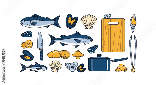 Seafood Cooking Ingredients and Utensils Flat Illustration