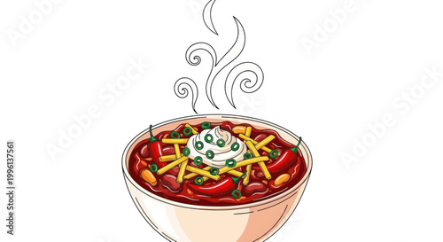 Steaming Bowl of Chili with Toppings - Delicious Food Illustration