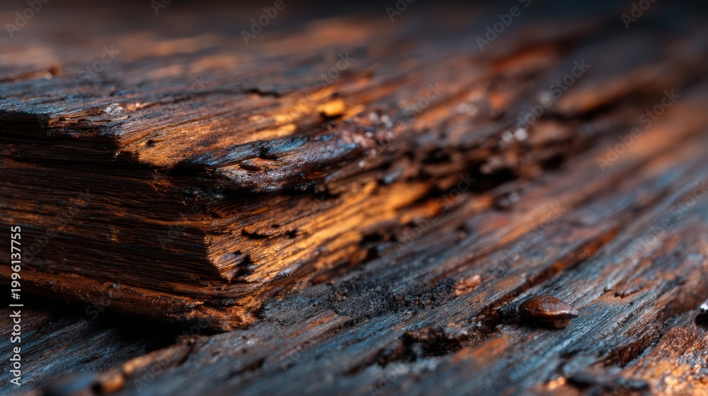 Obraz premium A close-up view of a beautifully weathered wooden surface, highlighting its intricate textures, rich colors, and historical depth, conveying stories of time and nature.