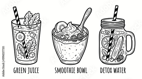 Healthy beverages green juice smoothie bowl detox water illustration