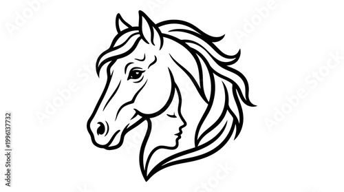 Horse head and woman silhouette illustration
