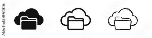 Cloud Folder Icon Set for Digital Storage and Backup in Flat Outline and Hand Drawn Style